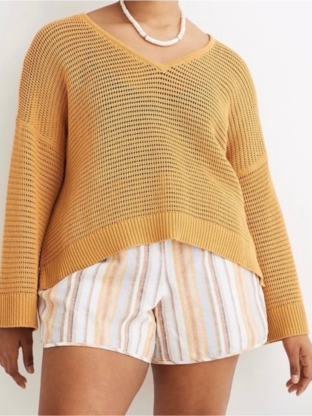 Madewell Mustard Open-Knit V-Neck Sweater